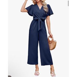 NEW Blue Wide Leg Jumpsuit V Neck High Waist Romper Pockets L